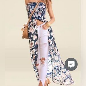 Navy Floral  Maxi Sheer Top with  Smocked Bodice